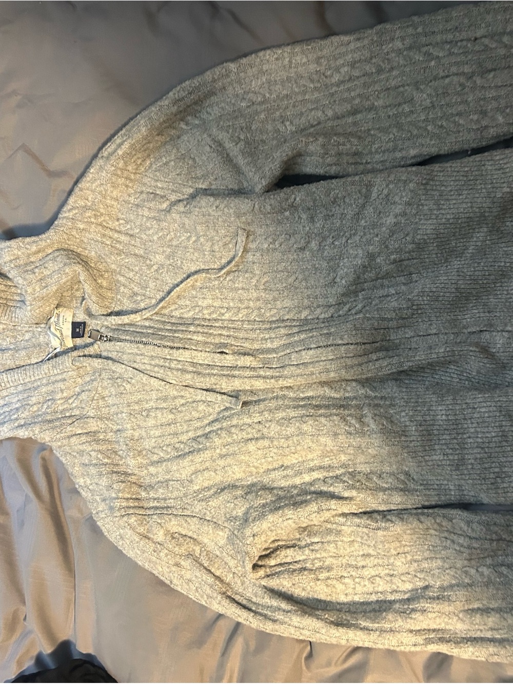 Cozy Light Gray Cable Knit Zip-Up Sweater
